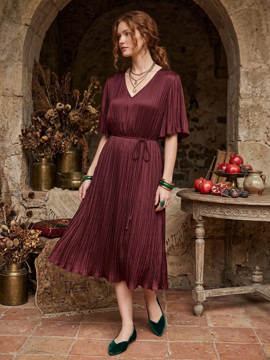 Vince Crushed Satin Flutter Pleated V-Neck Midi Dress Burgundy Women’s Xl